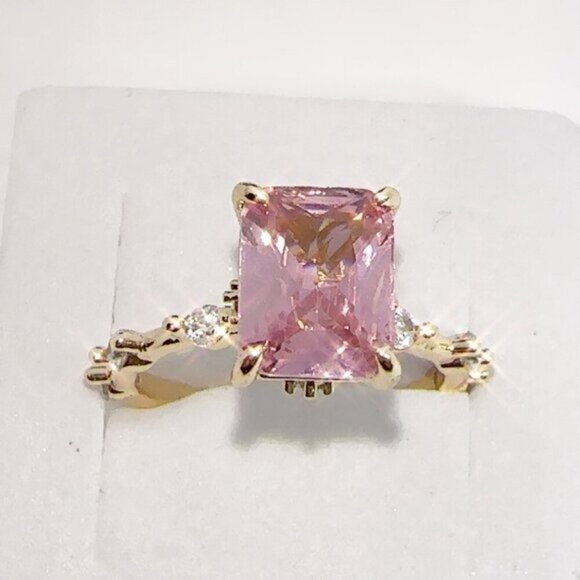 Princess Cut Pink CZ Ring – Gold Plated Brass Micro Inlay, Sizes 7 New - Picture 5 of 9